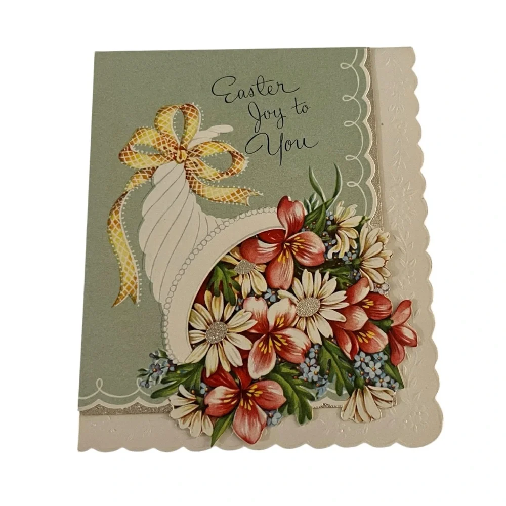 Unused Flawed Vintage Easter Joy Greeting Card Flower Cornucopia Gold Scalloped